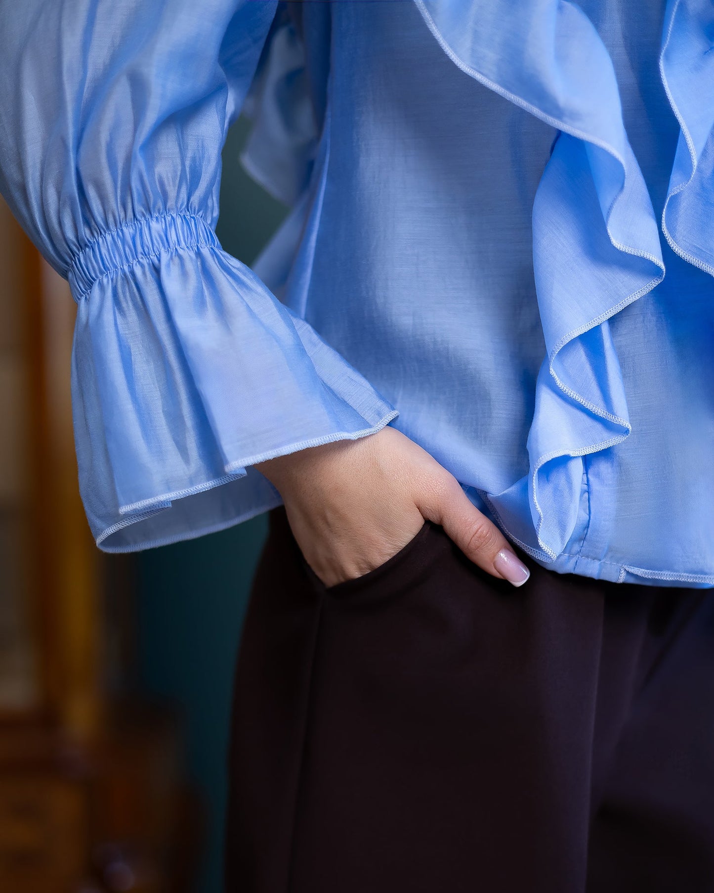 Liora Sky-Blue Ruffled V-Neck Blouse
