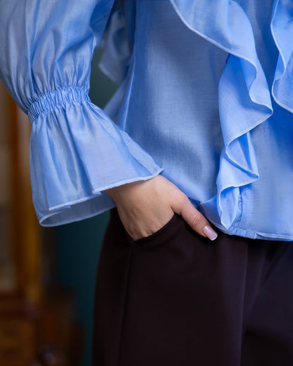 Liora Sky-Blue Ruffled V-Neck Blouse