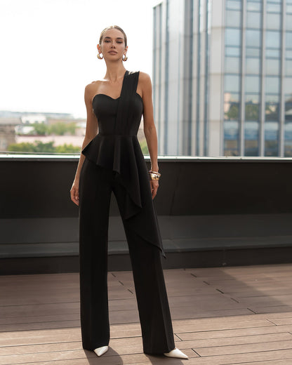 Black Pleated One-Shoulder Peplum Top & High-Waist Pants