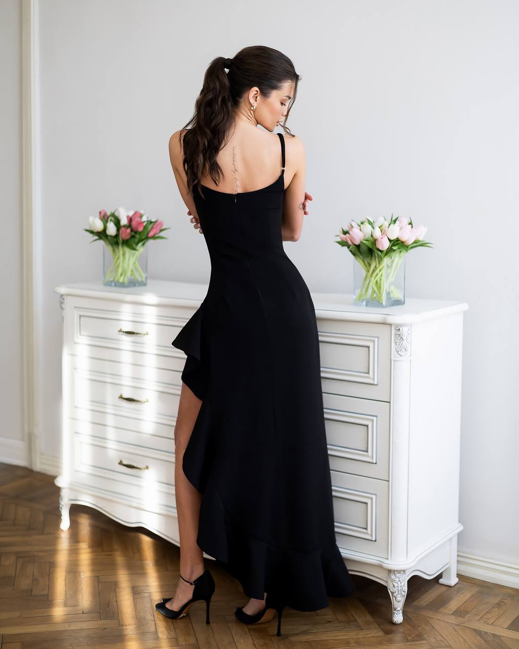 Black Blush Asymmetric Ruffle Midi Dress