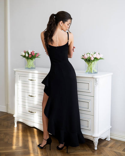 Black Blush Asymmetric Ruffle Midi Dress