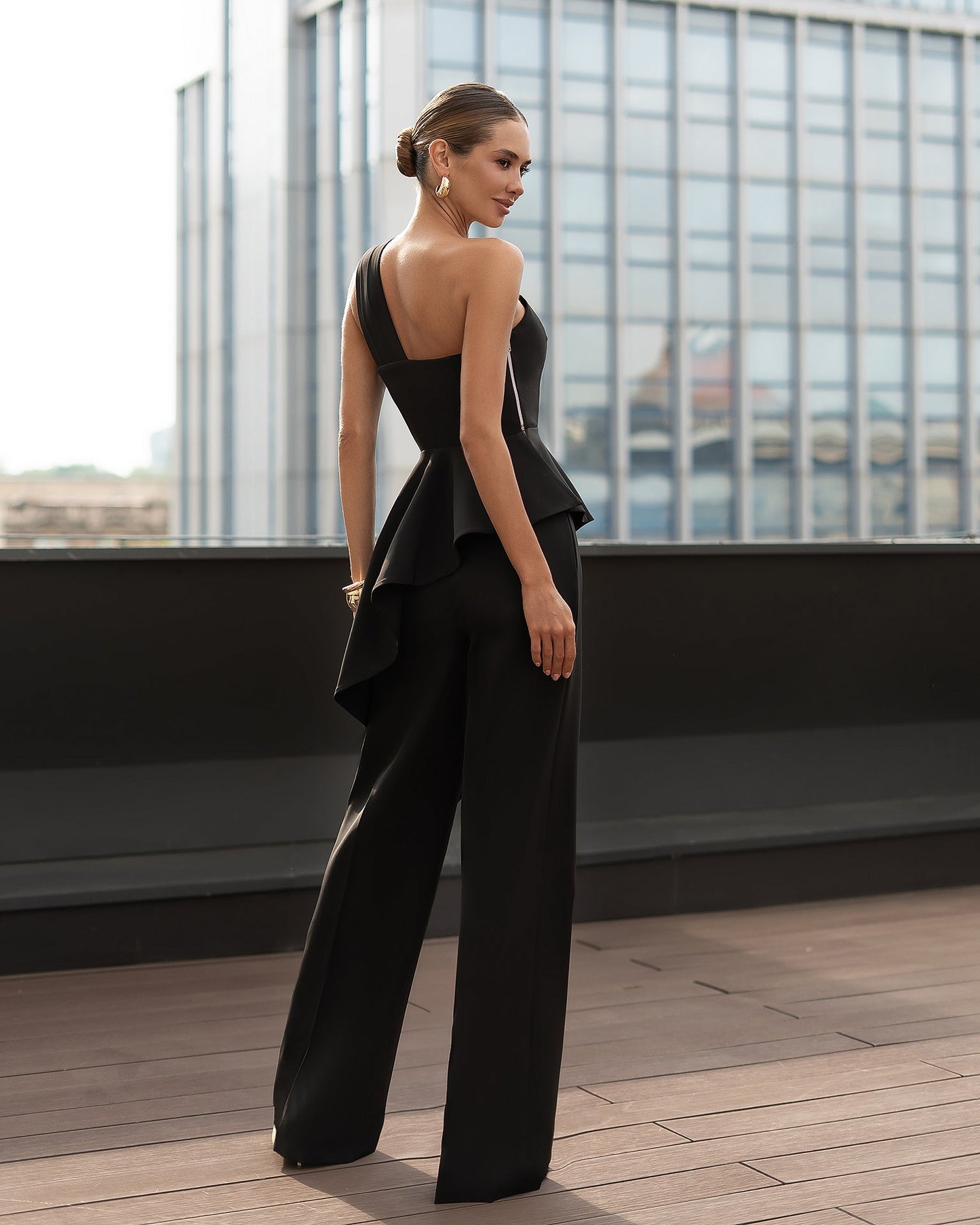 Black Pleated One-Shoulder Peplum Top & High-Waist Pants