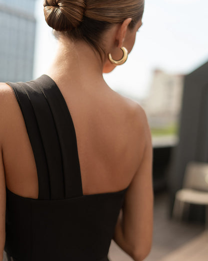 Black Pleated One-Shoulder Peplum Top & High-Waist Pants