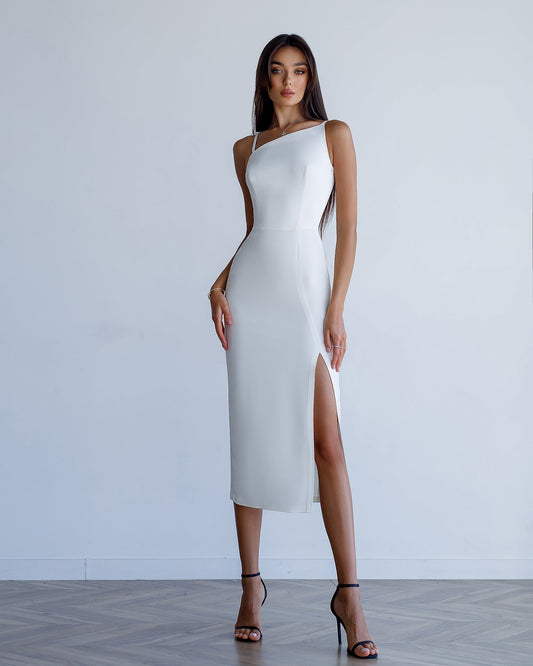 White Asymmetric Neckline Midi Dress