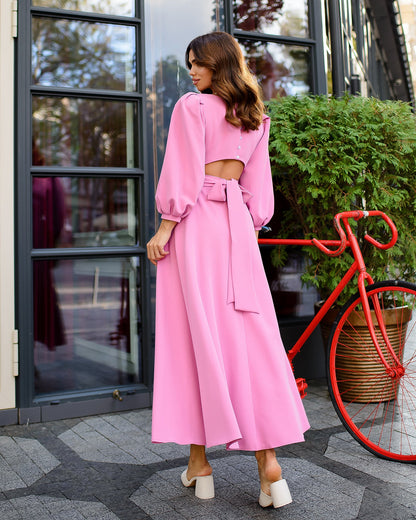 Dusty-Pink Backless Puff Sleeve Midi Dress
