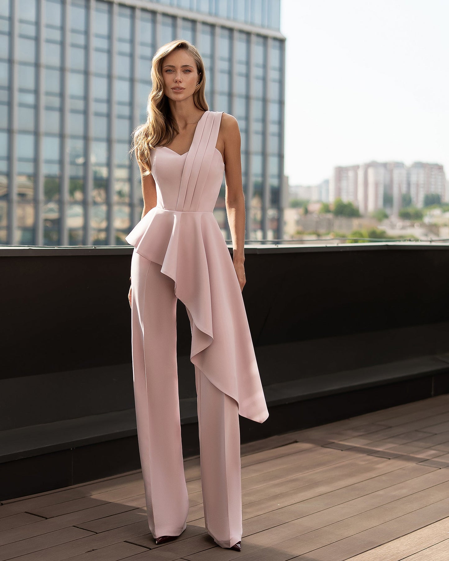Dusty-Pink Pleated One-Shoulder Peplum Top & High-Waist Pants