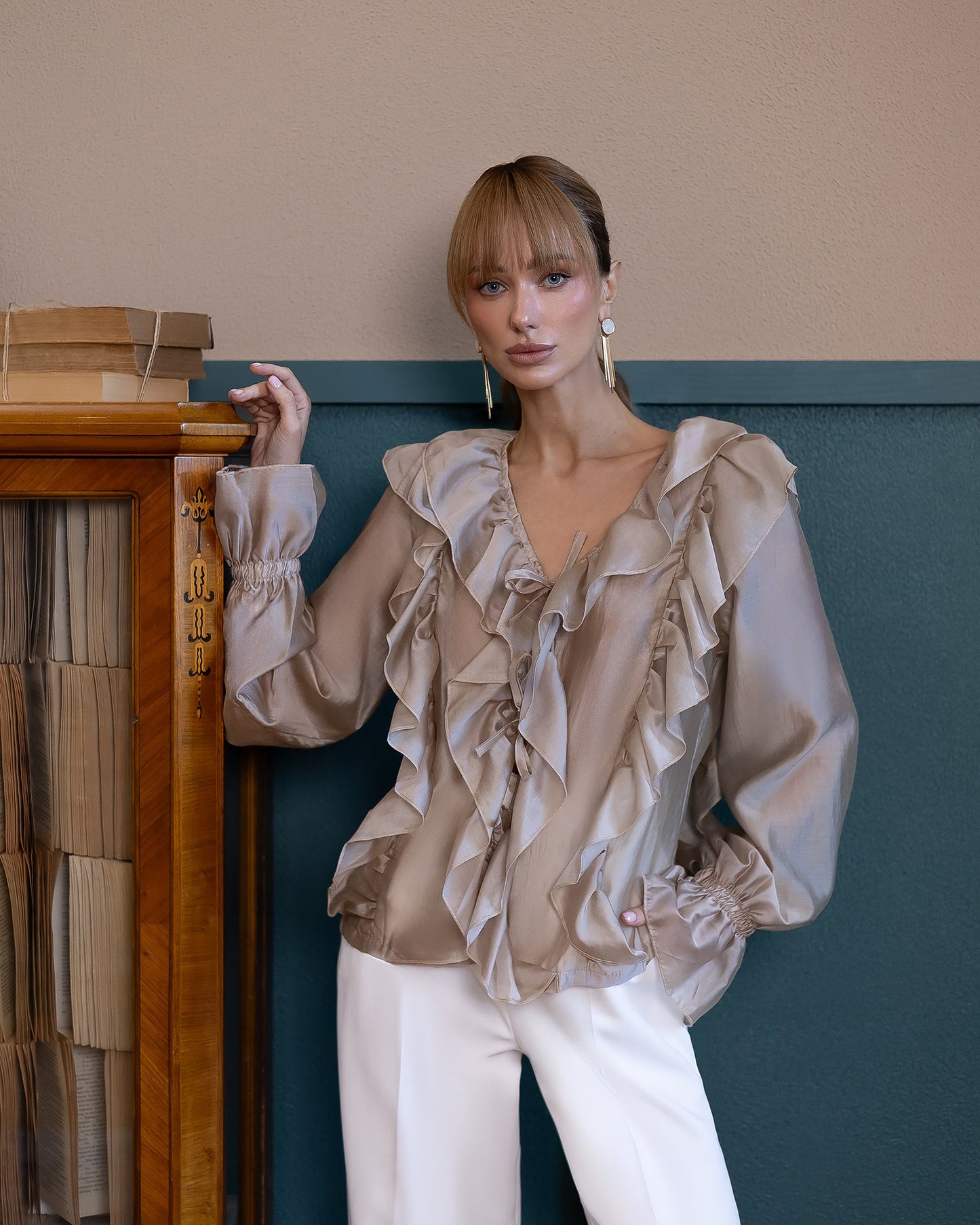 Liora Mocco Ruffled V-Neck Blouse