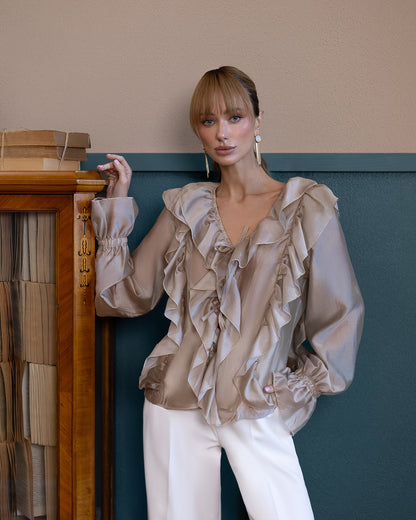Liora Mocco Ruffled V-Neck Blouse