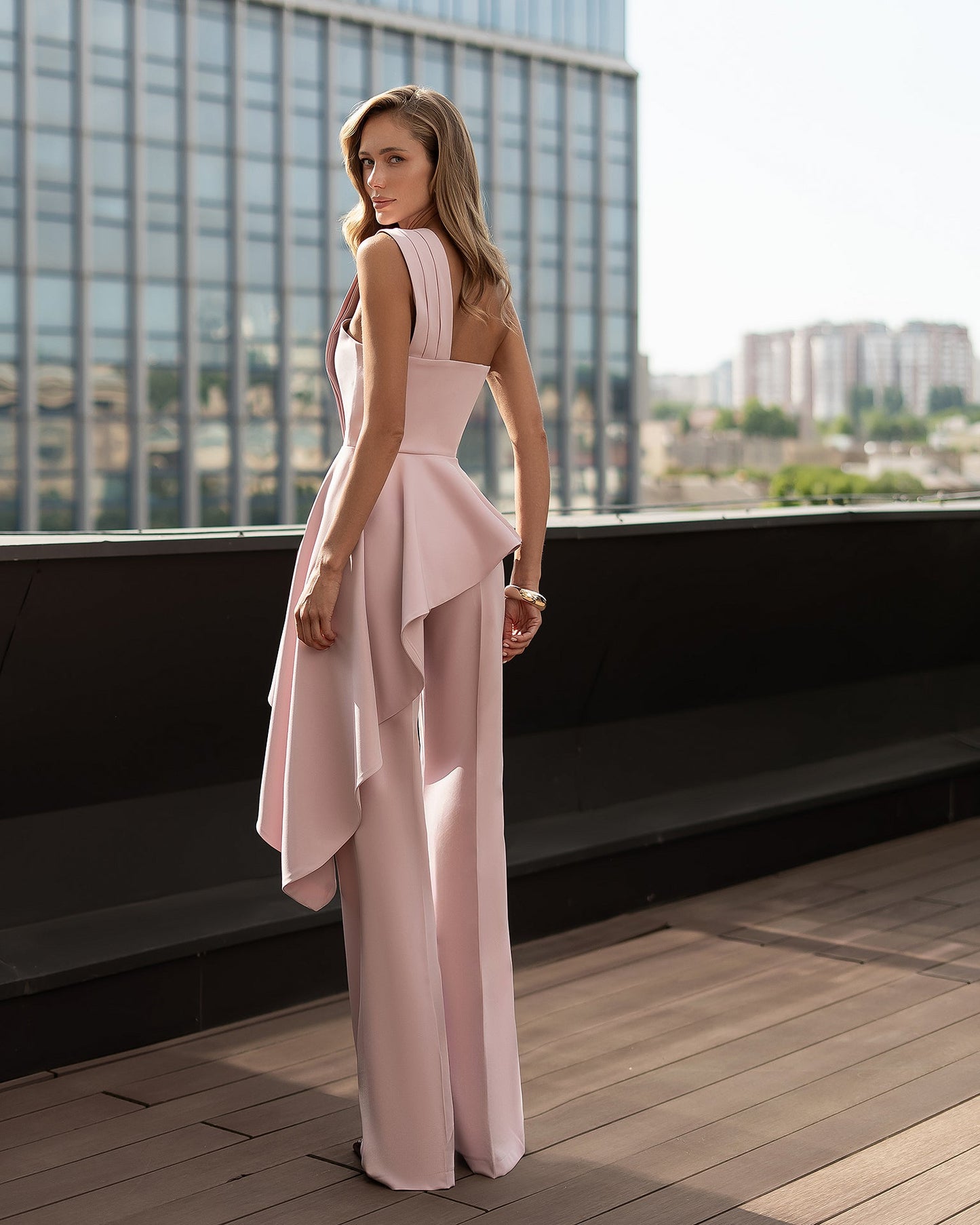 Dusty-Pink Pleated One-Shoulder Peplum Top & High-Waist Pants