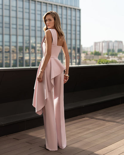 Dusty-Pink Pleated One-Shoulder Peplum Top & High-Waist Pants