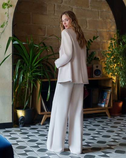 Monica Beige Peak Lapel Wide-Leg Suit 3-Piece