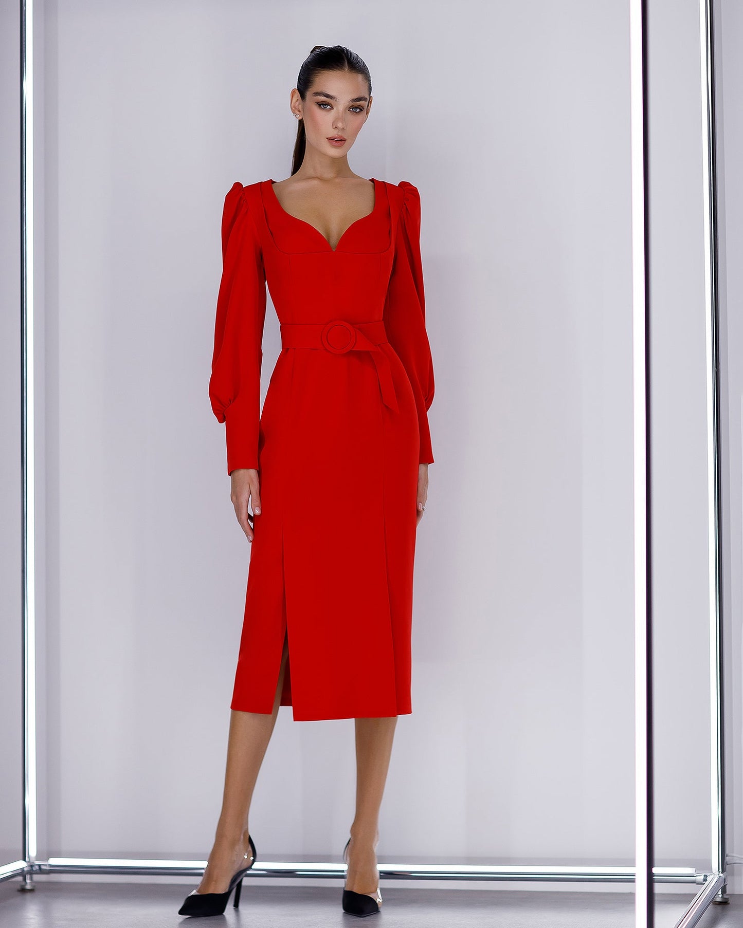 Red Puff-Sleeve Belted Midi Dress