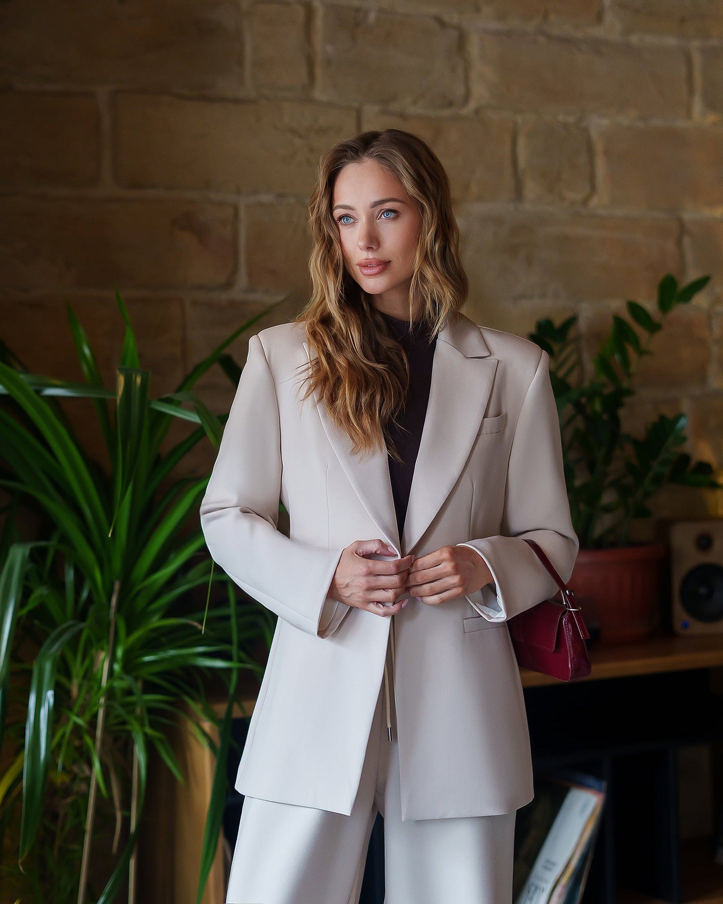 Monica Beige Peak Lapel Wide-Leg Suit 3-Piece