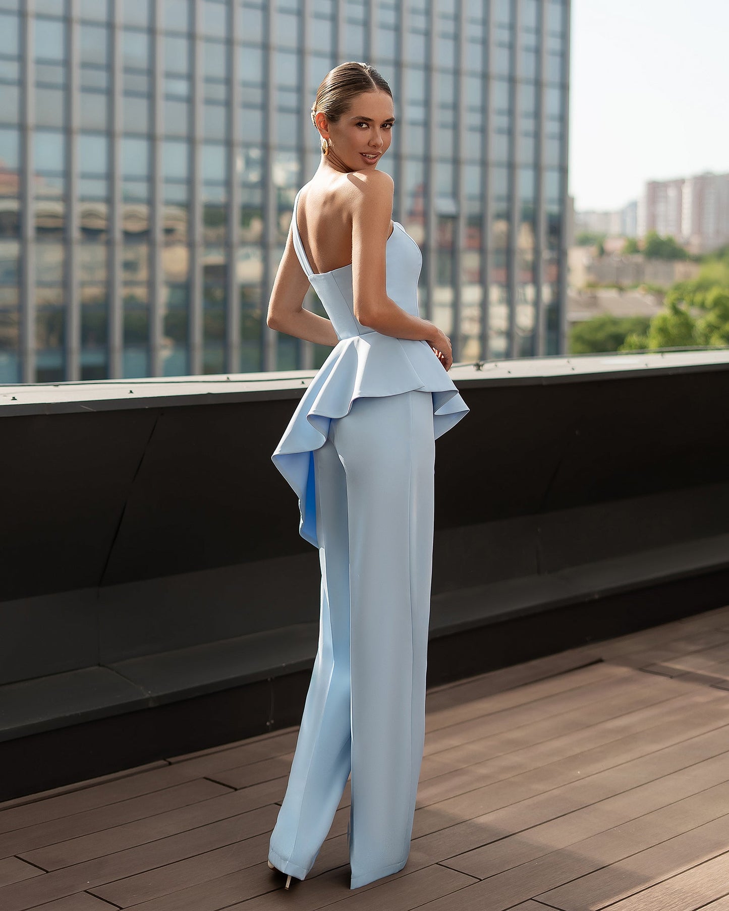 Sky-Blue Pleated One-Shoulder Peplum Top & High-Waist Pants