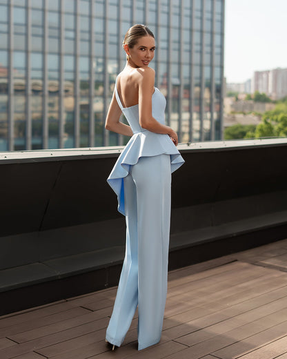 Sky-Blue Pleated One-Shoulder Peplum Top & High-Waist Pants