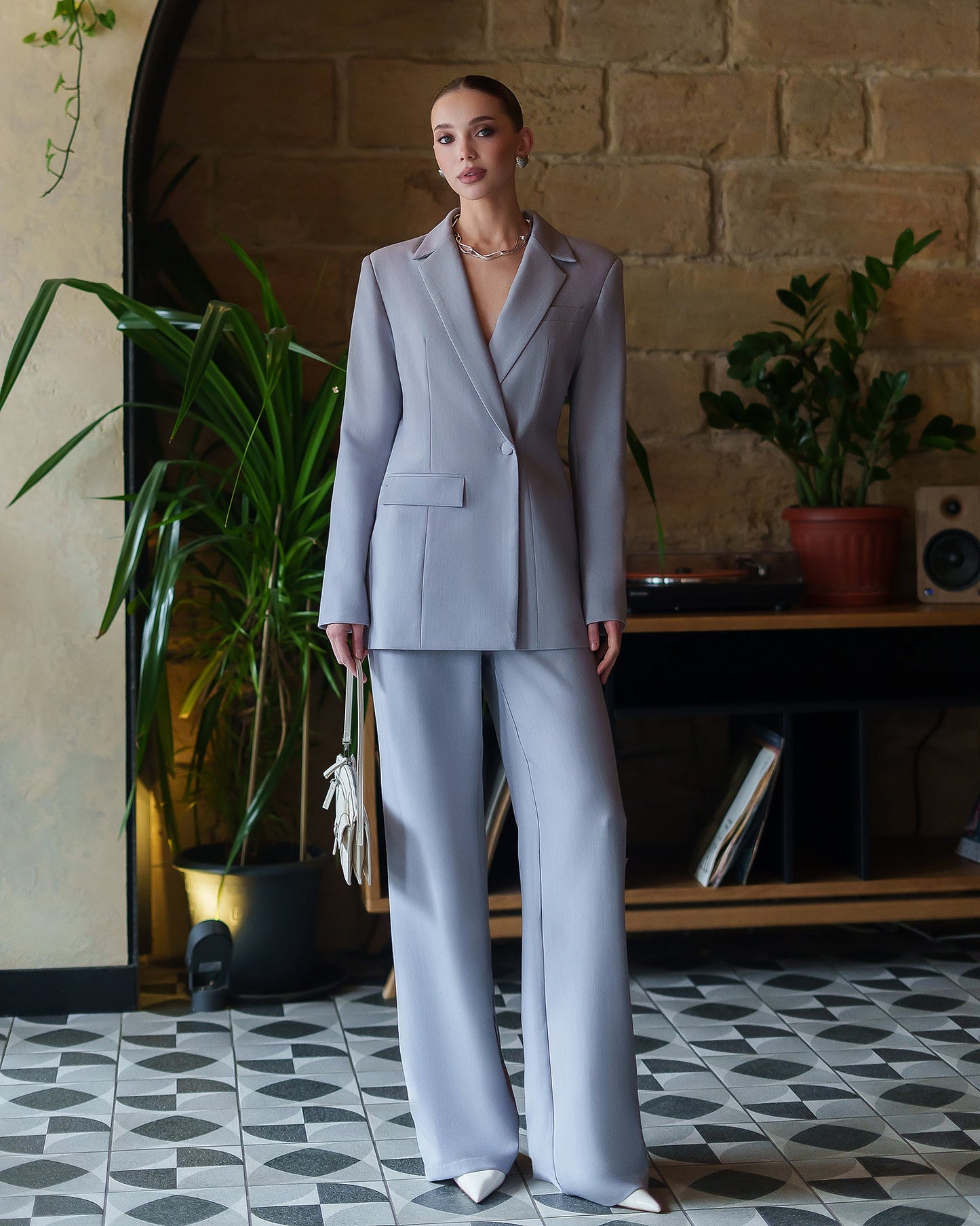 Grey Double-Breasted Style Relaxed Fit Suit 2-Piece