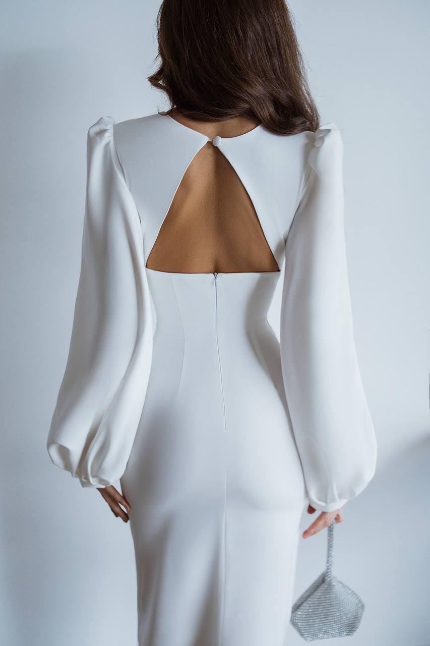 Ivory Backless Puff Sleeve Midi Dress