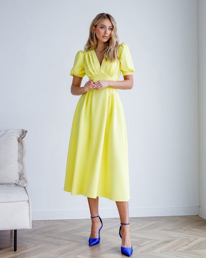 Yellow V-Neck Puff-Sleeve Midi Dress
