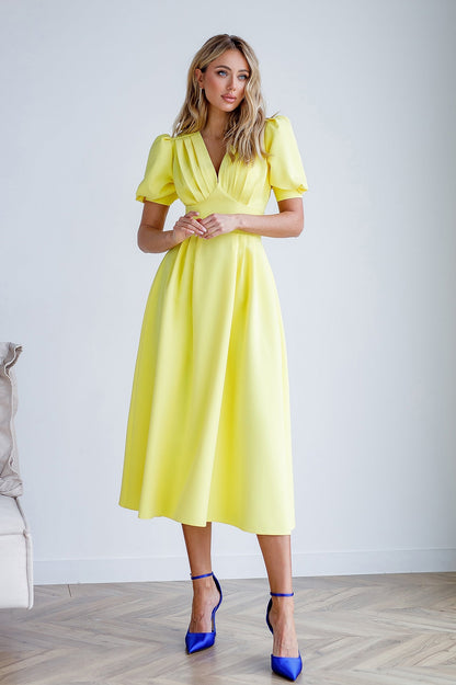 Yellow V-Neck Puff-Sleeve Midi Dress