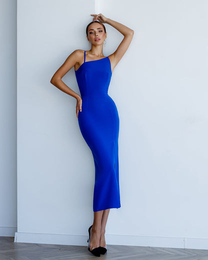 Blue Asymmetric Neckline Midi Dress