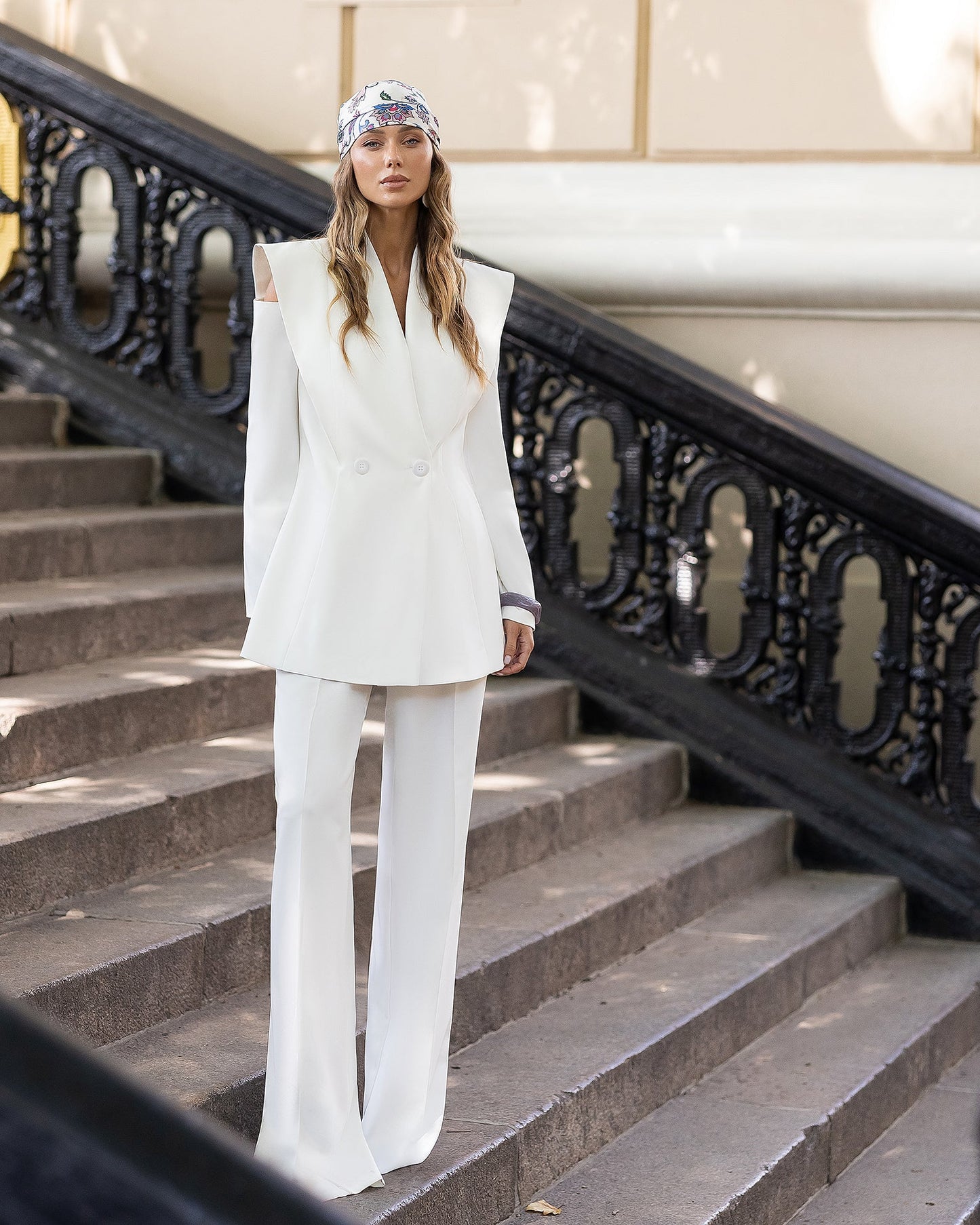 Julia White Double-Breasted Cutout-Shoulder Blazer