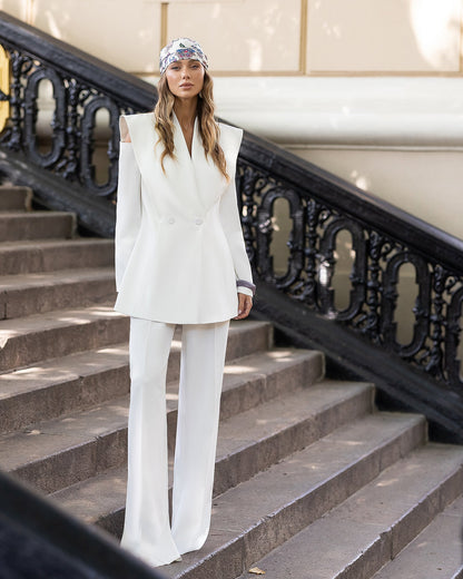 Julia White Double-Breasted Cutout-Shoulder Blazer