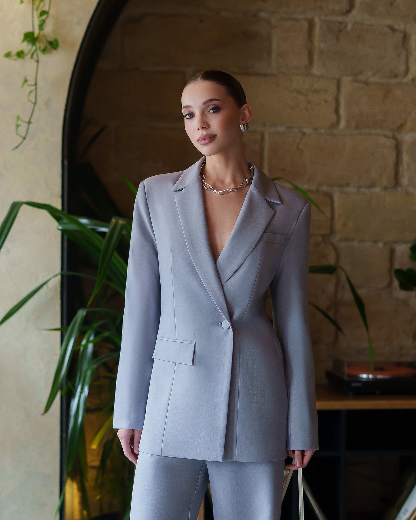 Grey Double-Breasted Style Relaxed Fit Suit 2-Piece