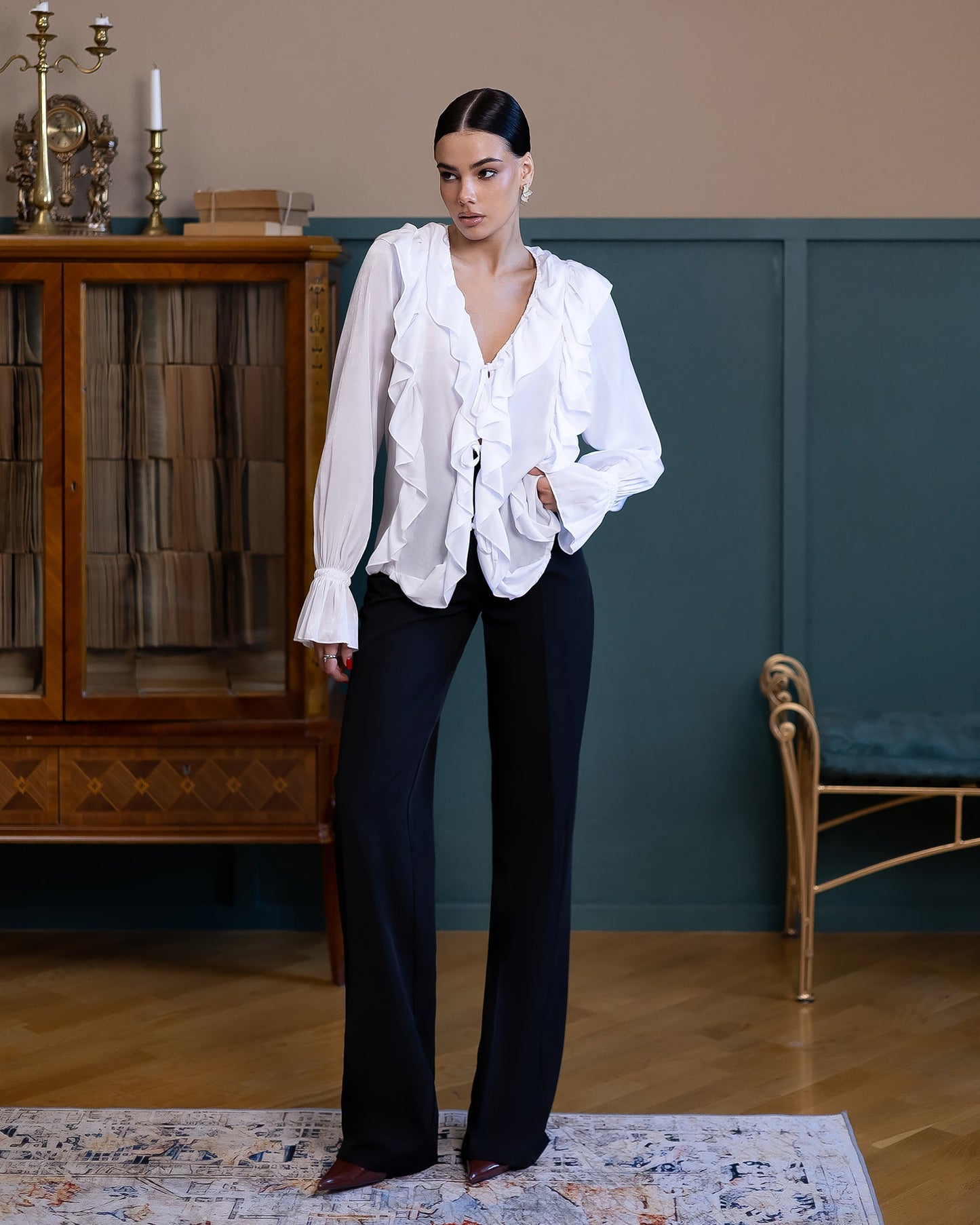 Liora White Ruffled V-Neck Blouse
