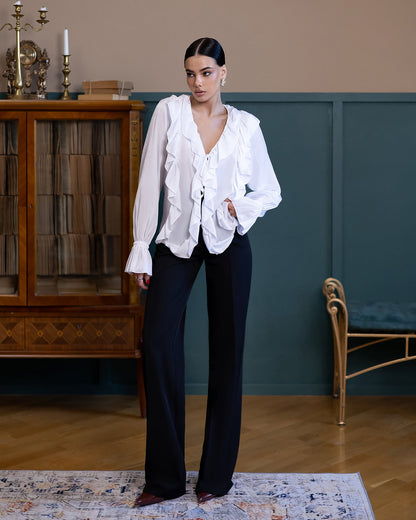 Liora White Ruffled V-Neck Blouse