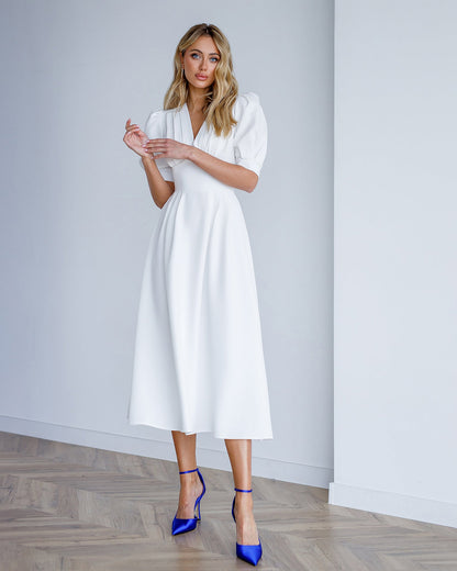 White V-Neck Puff-Sleeve Midi Dress