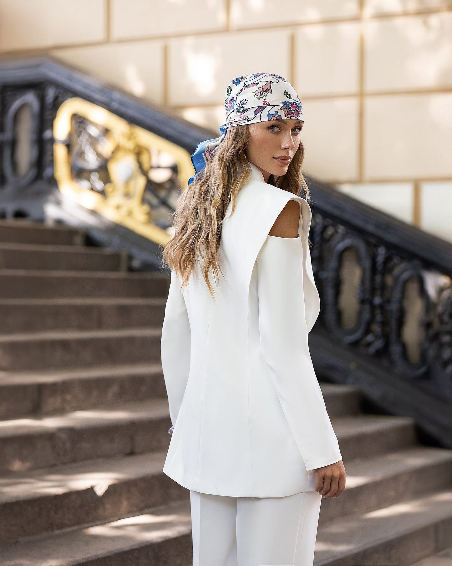 Julia White Double-Breasted Cutout-Shoulder Blazer