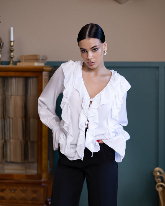 Liora White Ruffled V-Neck Blouse