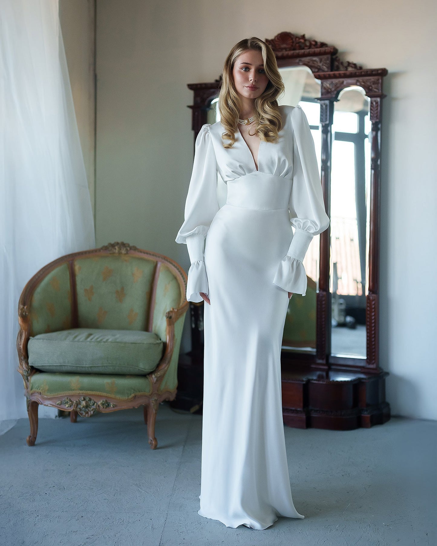 Gloria White Satin V-Neck Puff-Sleeve Maxi Dress