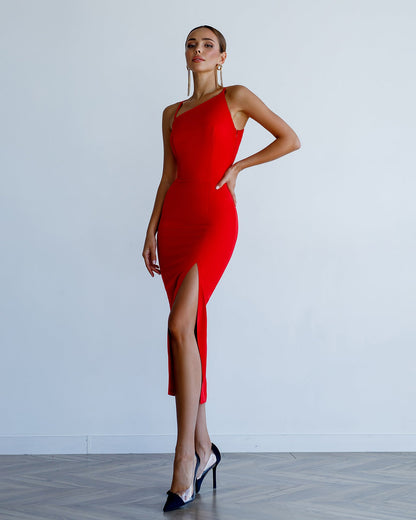 Red Asymmetric Neckline Midi Dress