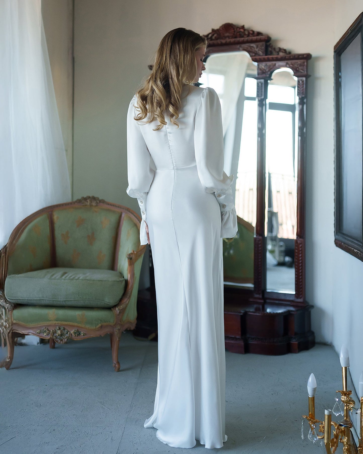 Gloria White Satin V-Neck Puff-Sleeve Maxi Dress