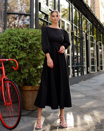 Black Backless Puff Sleeve Midi Dress