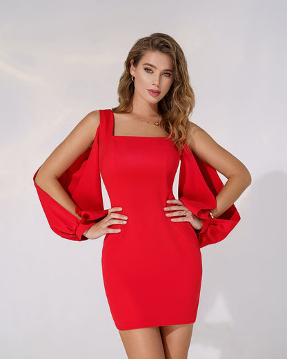 Red Square Neck Сut-Out Sleeve Mini Dress