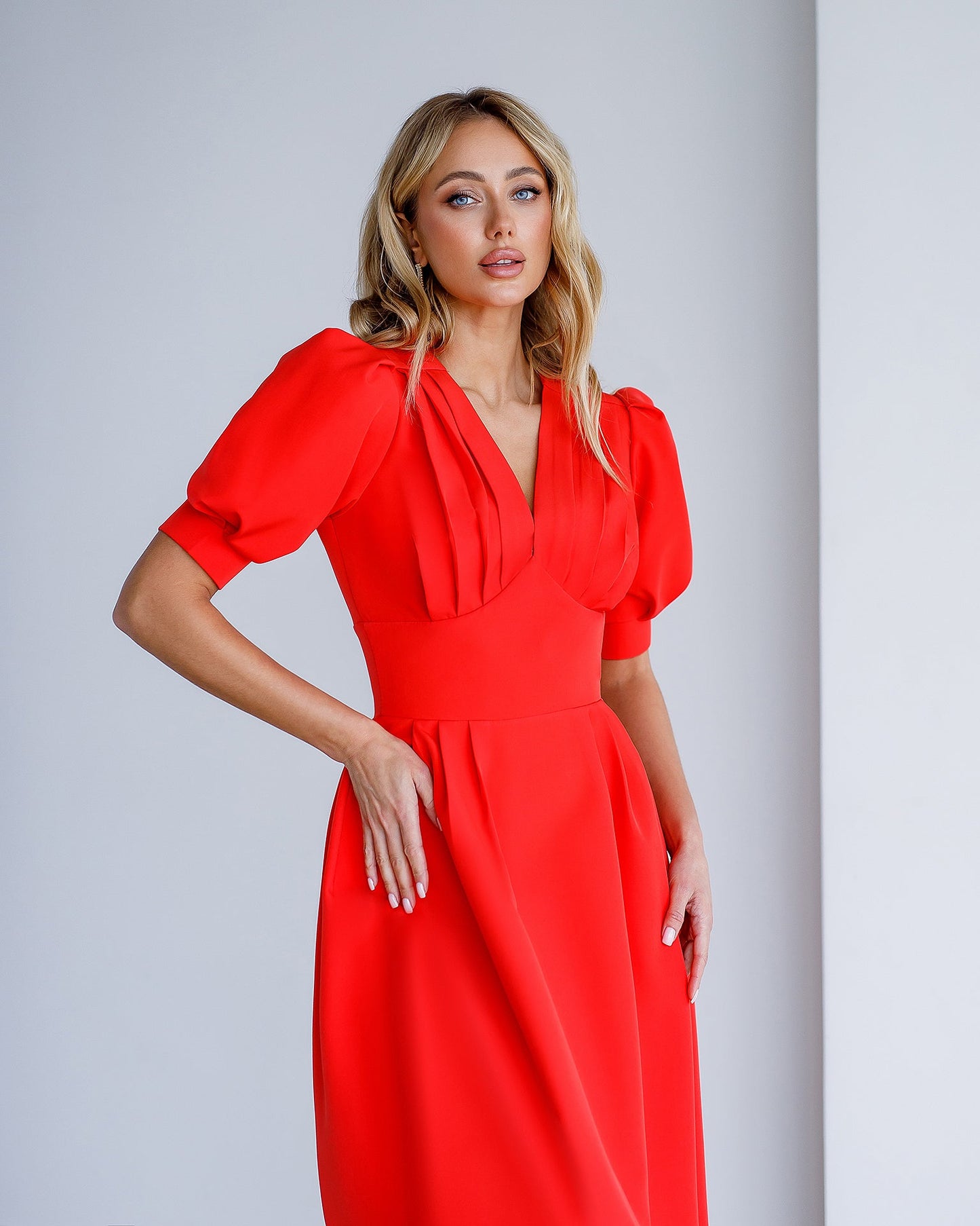 Coral V-Neck Puff-Sleeve Midi Dress