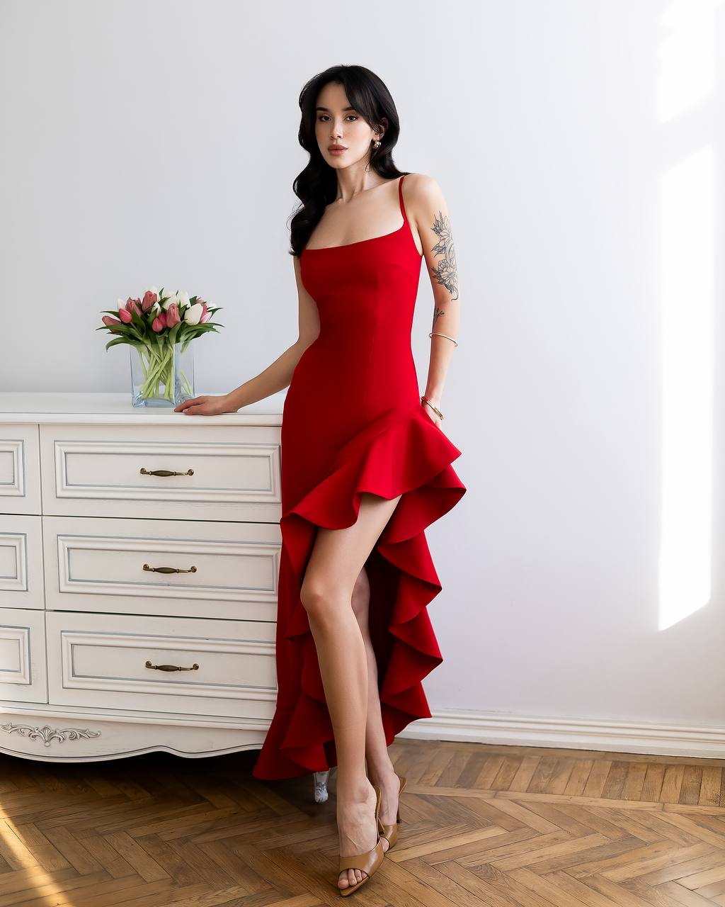 Red Blush Asymmetric Ruffle Midi Dress