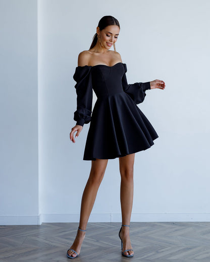 Black Backless Puff Sleeve Mini Dress
