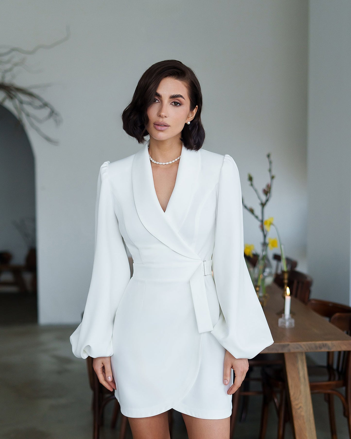 White Wrap Shawl Lapel Puff-Sleeve Mini Dress