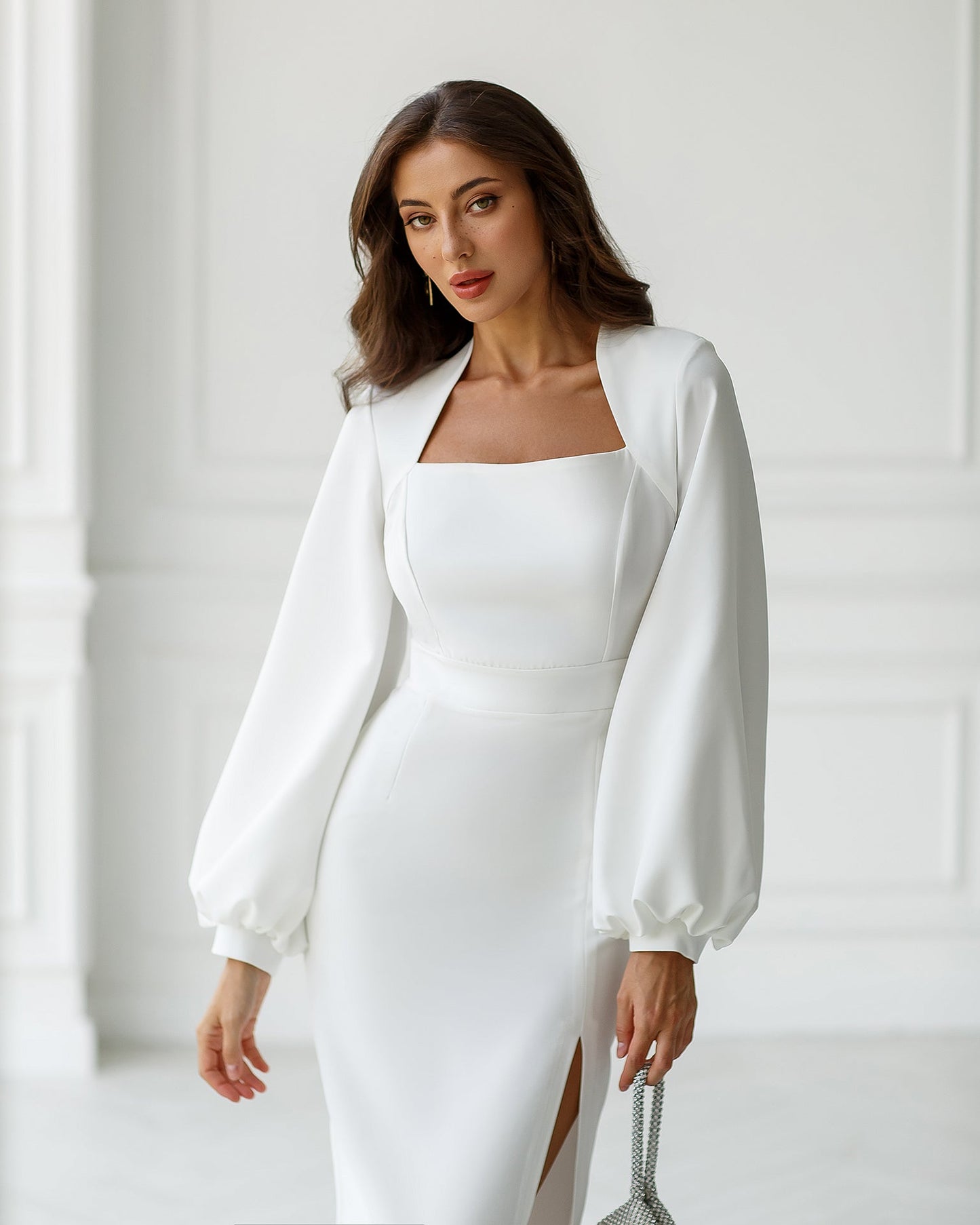 White Square Neck Puff-Sleeve Midi Dress