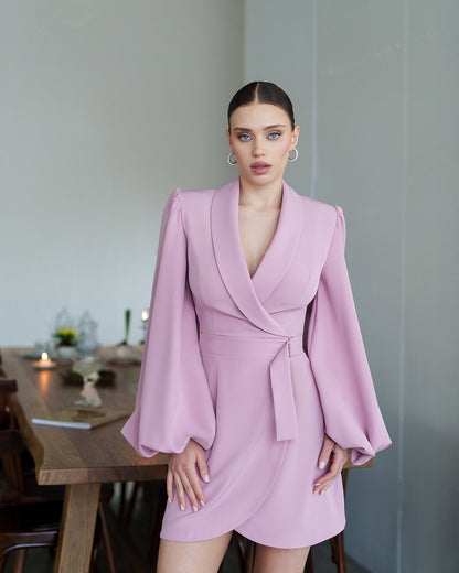 Dusty Pink Shawl Lapel Puff-Sleeve Wrap Mini Dress