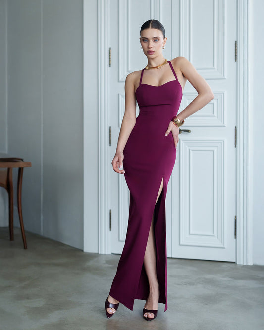 Bella Bordeaux Sweetheart High-Slit Maxi Dress