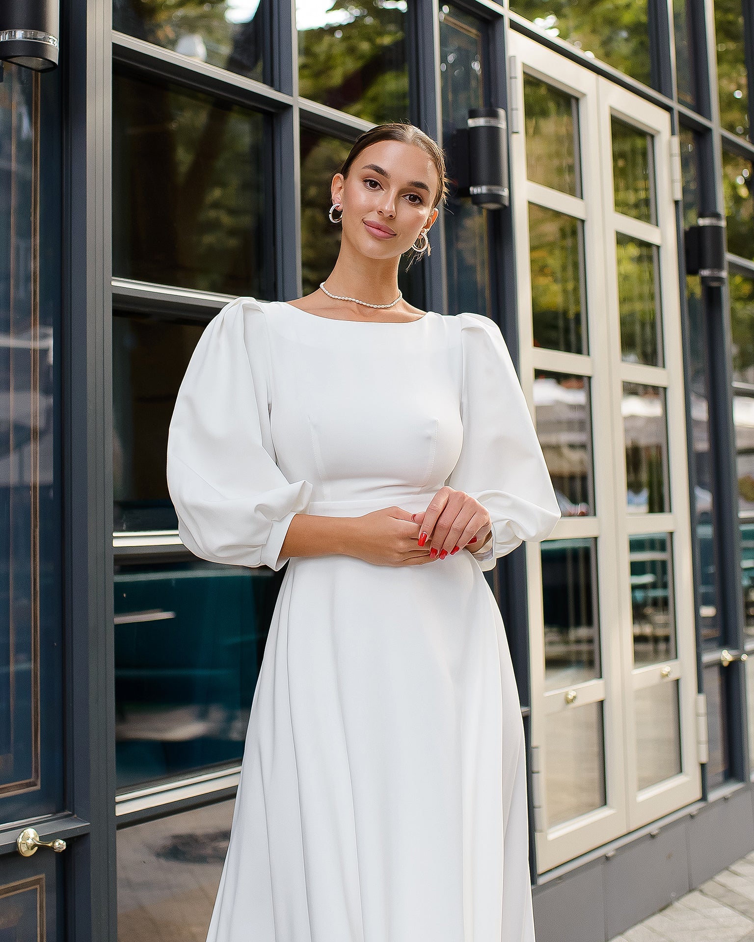 White Backless Puff Sleeve Midi Dress trinarosh White Backless Puff Sleeve Midi Dress trinarosh