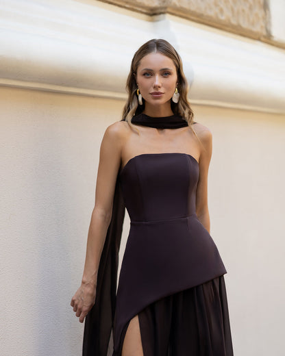 Brown Strapless Back Scarf Overskirt Maxi Dress