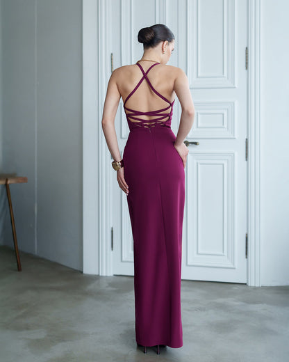 Bella Bordeaux Sweetheart High-Slit Maxi Dress