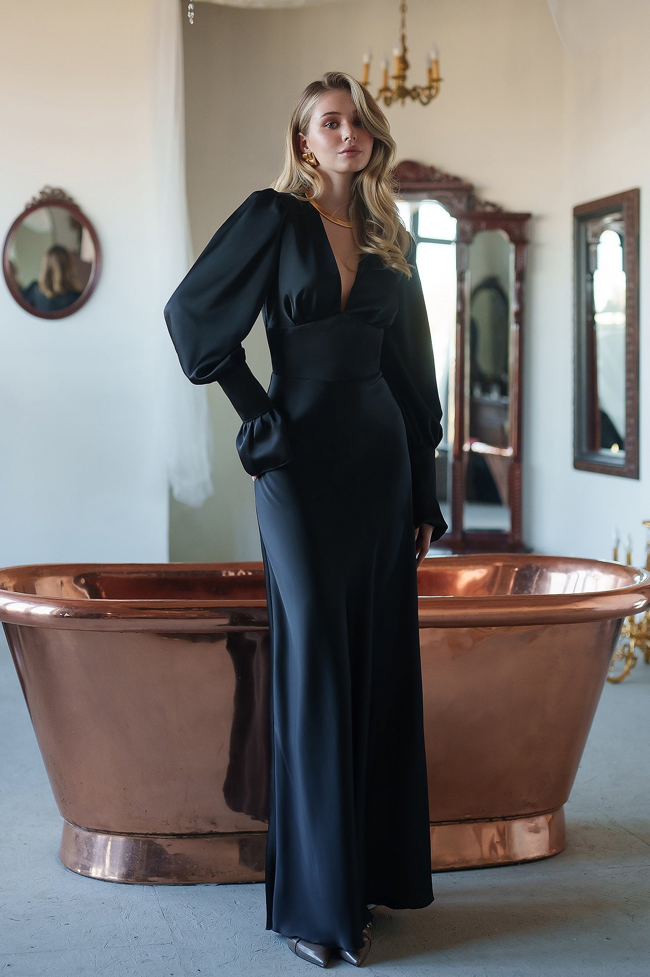 Gloria Black Satin V-Neck Puff-Sleeve Maxi Dress
