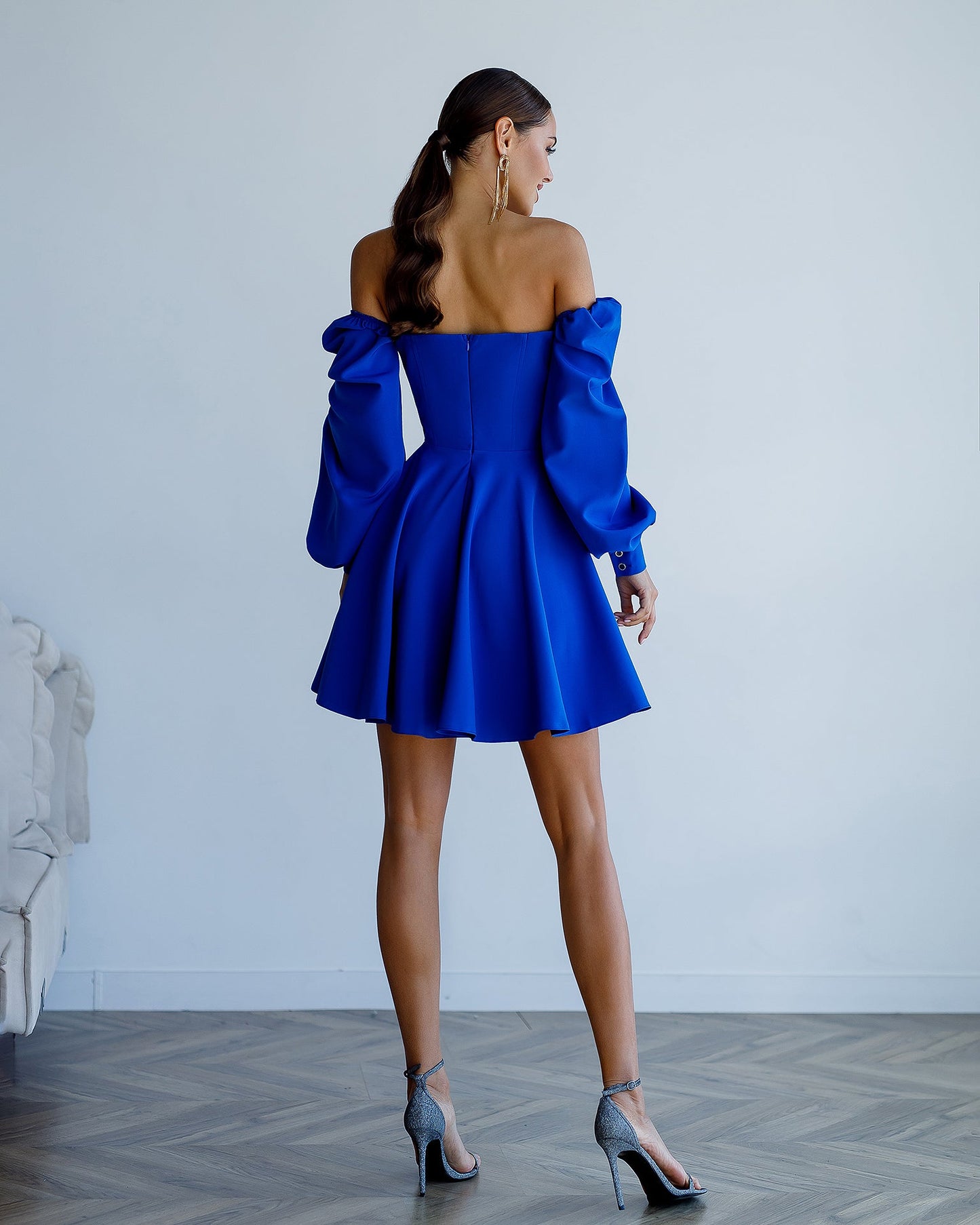 Blue Backless Puff Sleeve Mini Dress