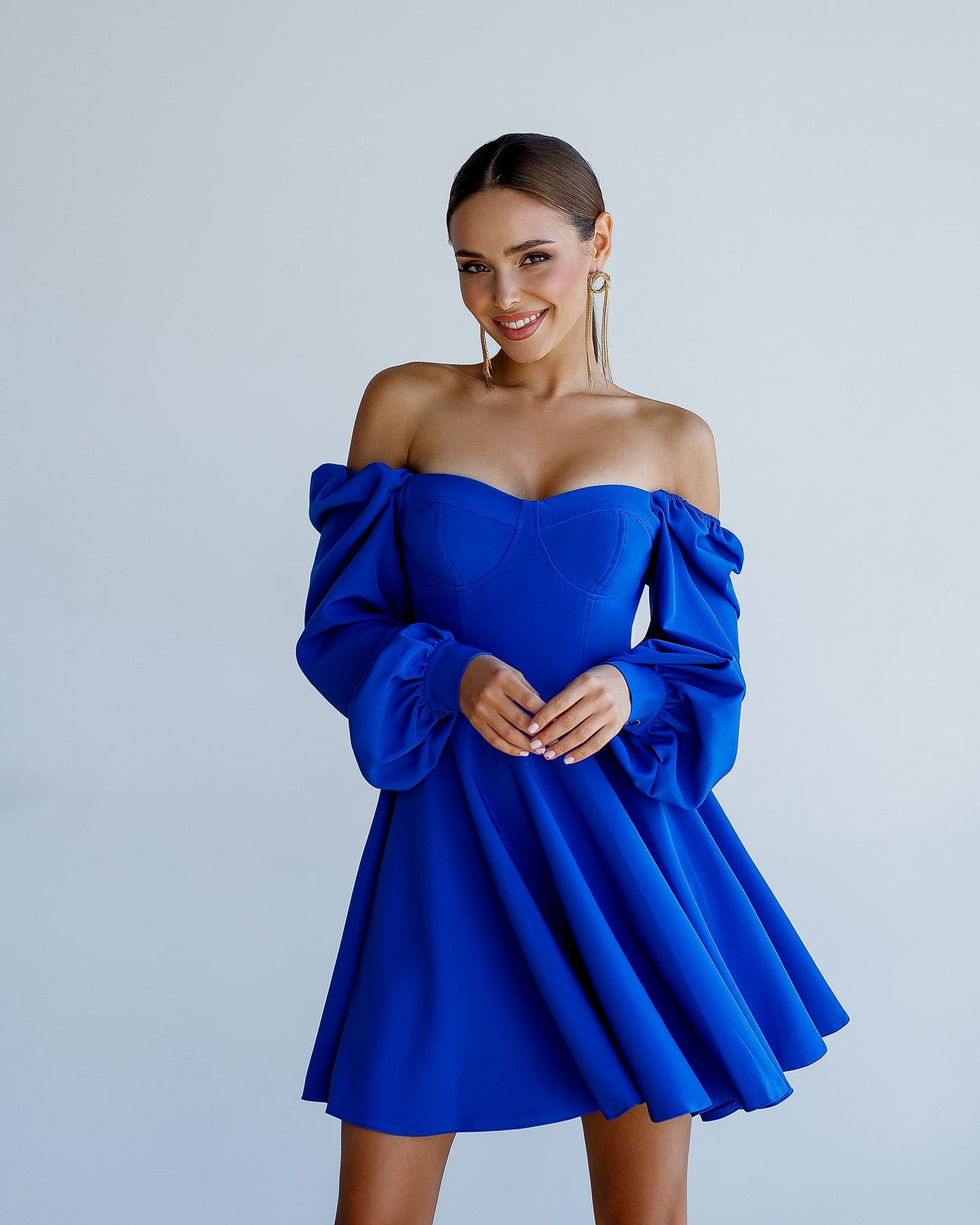 Blue Backless Puff Sleeve Mini Dress